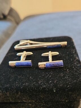Dunhill Silver Tie Clip and Cufflink Set with Blue Lapis Inlay - Men's